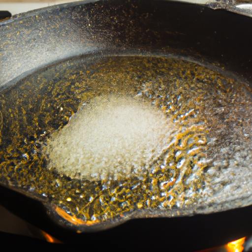 A cast iron skillet being seasoned with cooking oil.