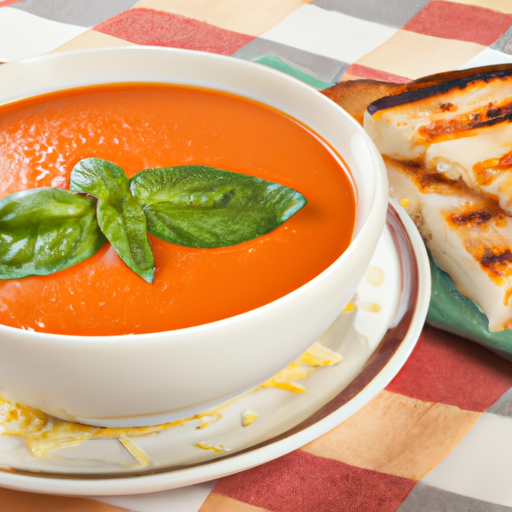 A bowl of creamy tomato basil soup topped with fresh basil leaves and served with a grilled cheese sandwich.